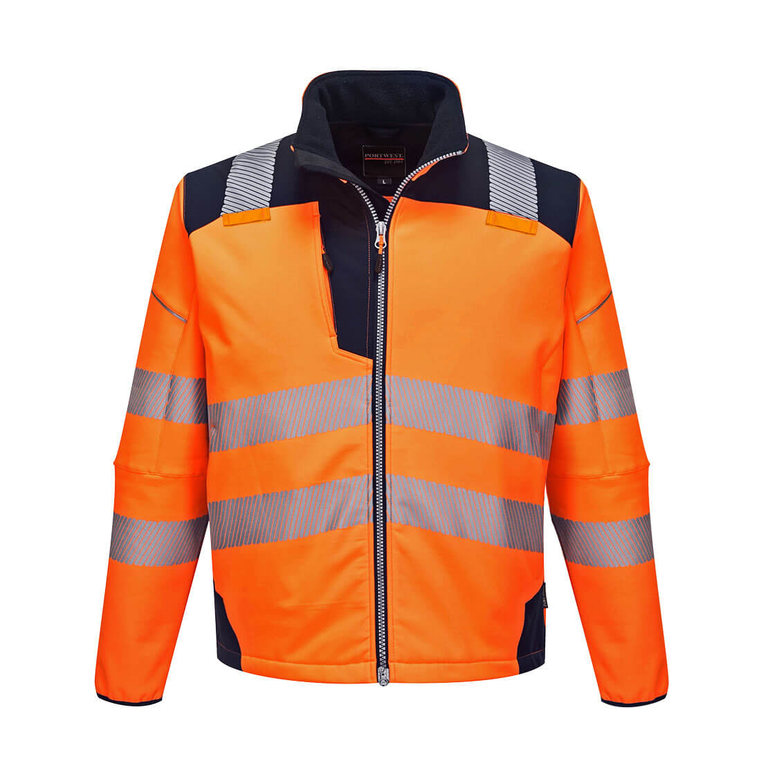 Portwest Hi-Vis Softshell jacket in orange and navy.