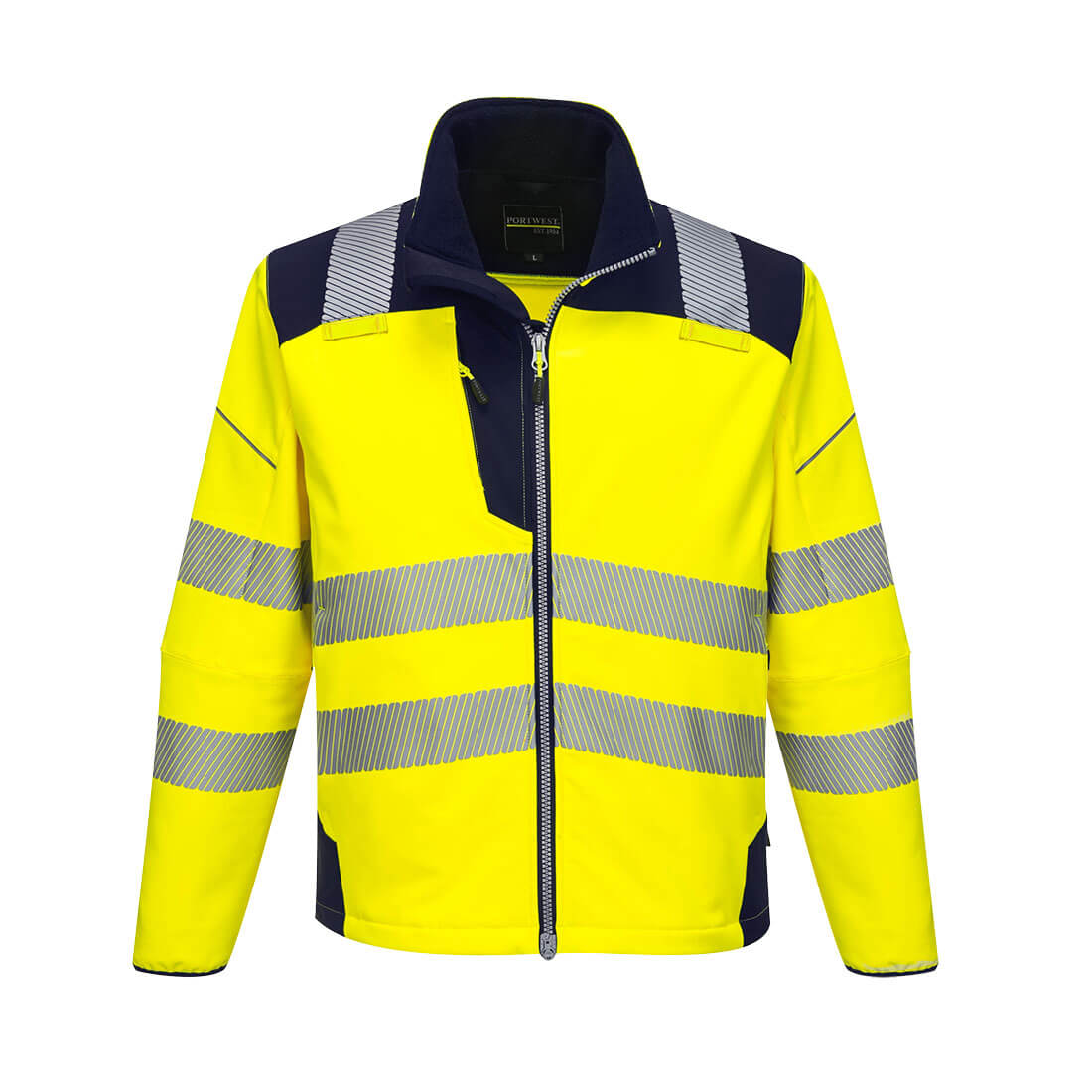 Portwest Hi-Vis Softshell jacket in yellow and navy.