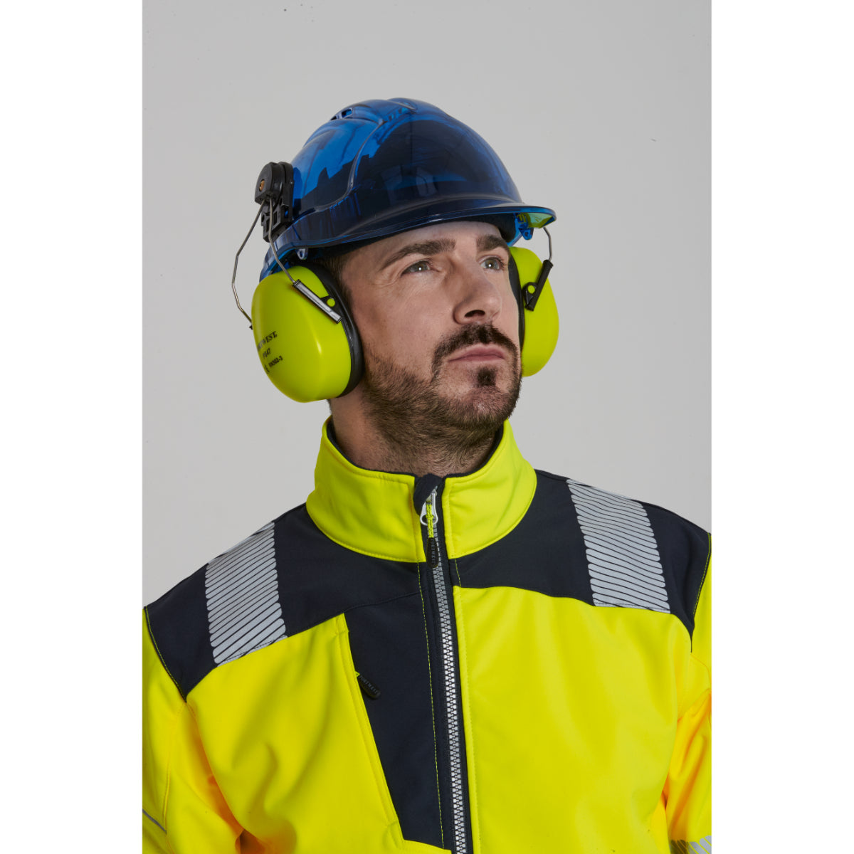 Angled front view of the Portwest   Hi-Vis Softshell jacket.