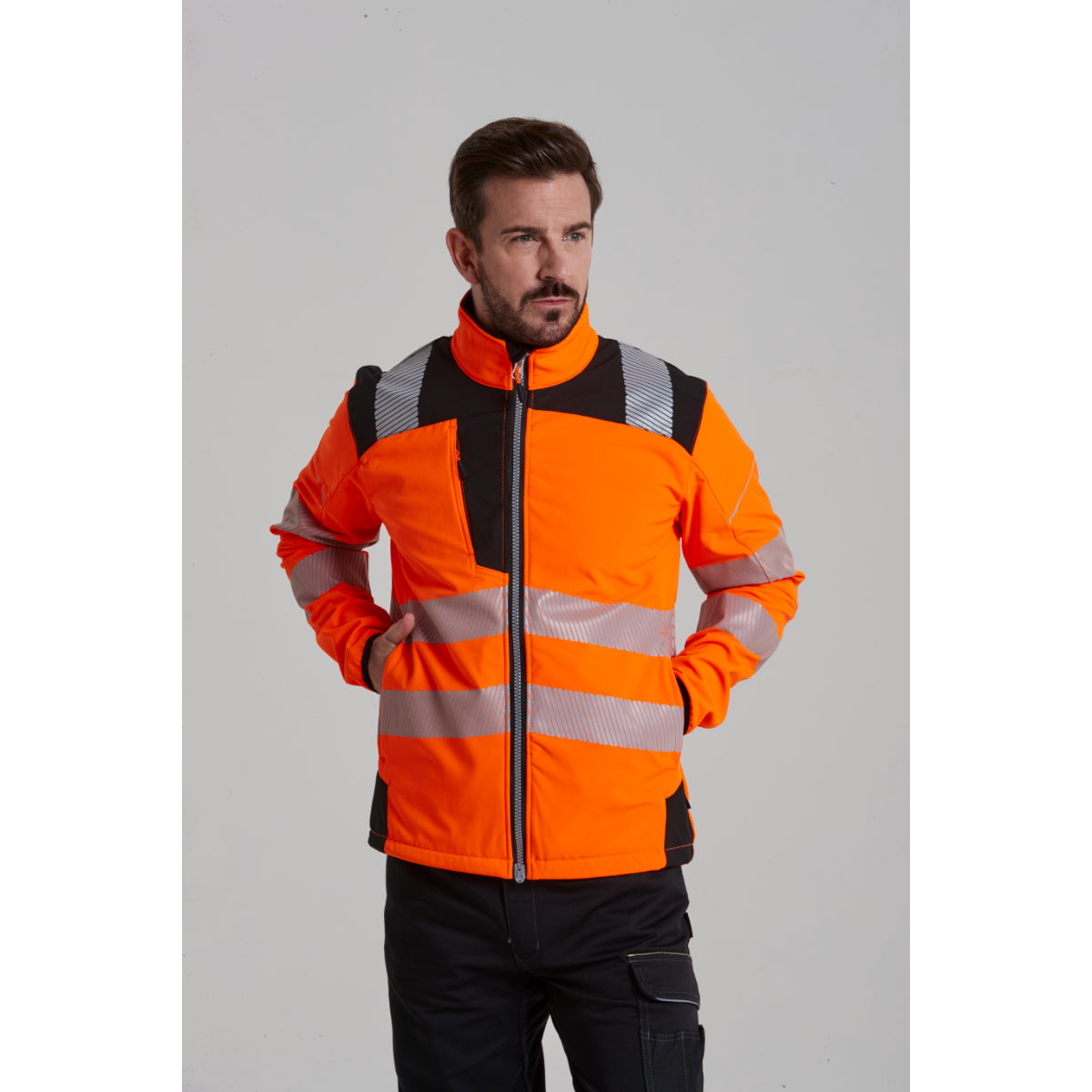Close-up on the sleeve and cuff of the Portwest Softshell jacket.