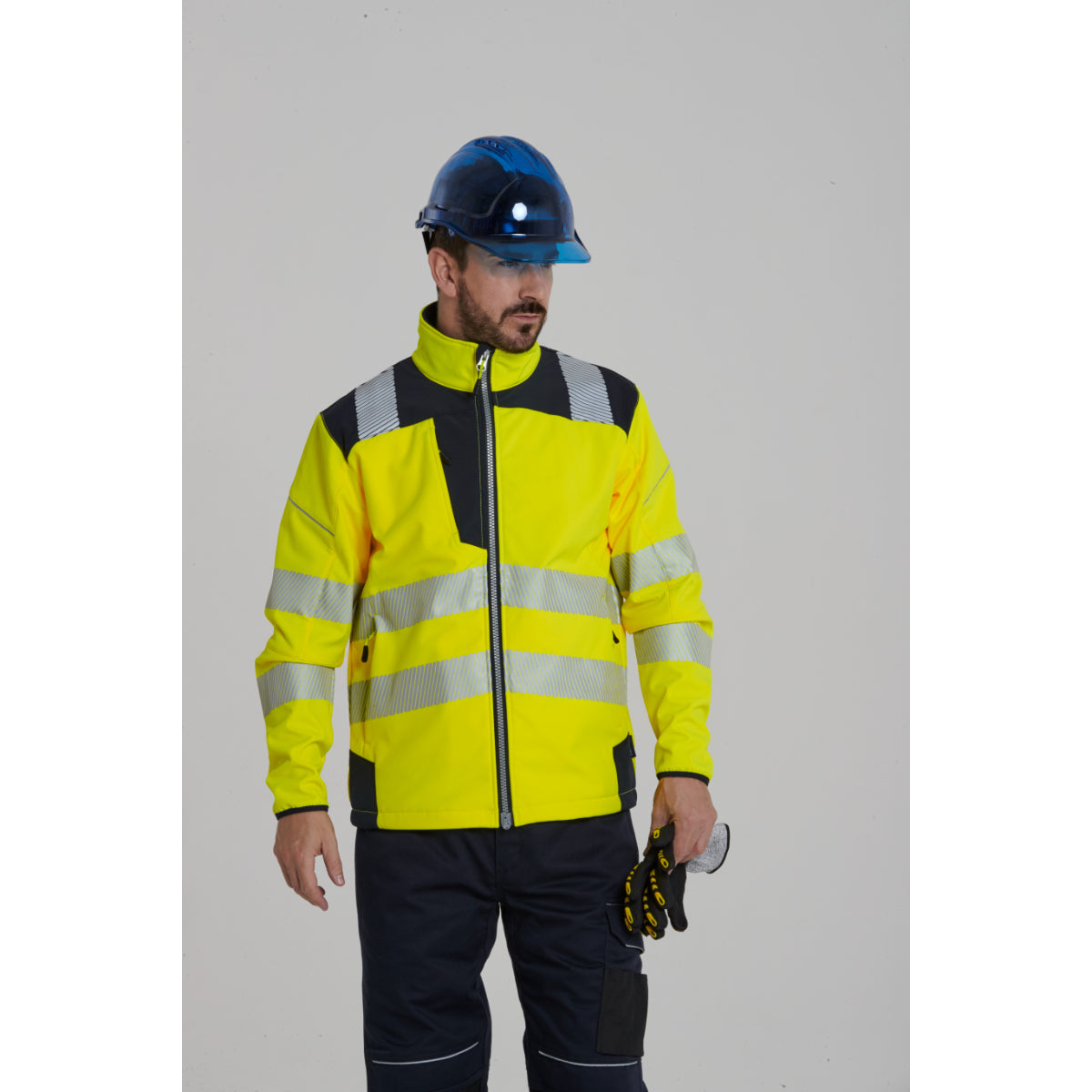 Side profile showcasing the fit of the Portwest   Hi-Vis Softshell.