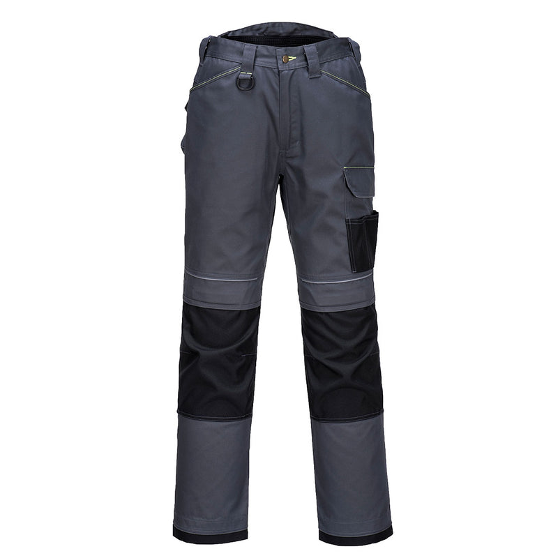 Dark grey Portwest PW3 work trousers with black reinforced knee sections