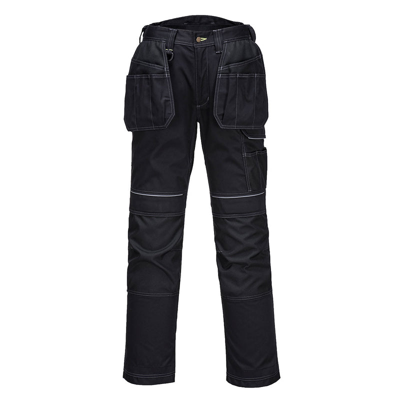 Black with silver-grey accents, these Portwest PW3 holster work trousers