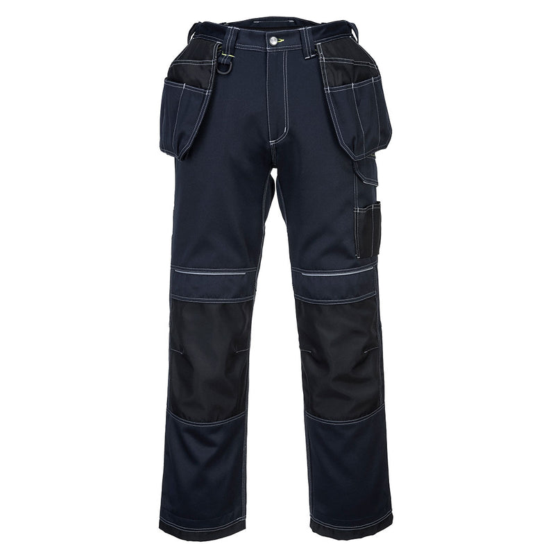 Navy blue Portwest PW3 holster trousers (T602) with contrasting silver-grey knee and pocket details.