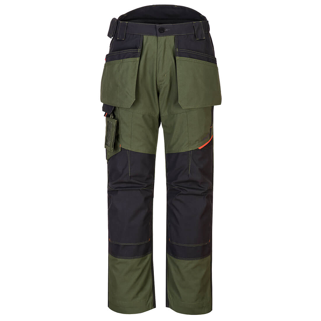 Rugged olive green Portwest WX3 holster trousers (T702) with black accents