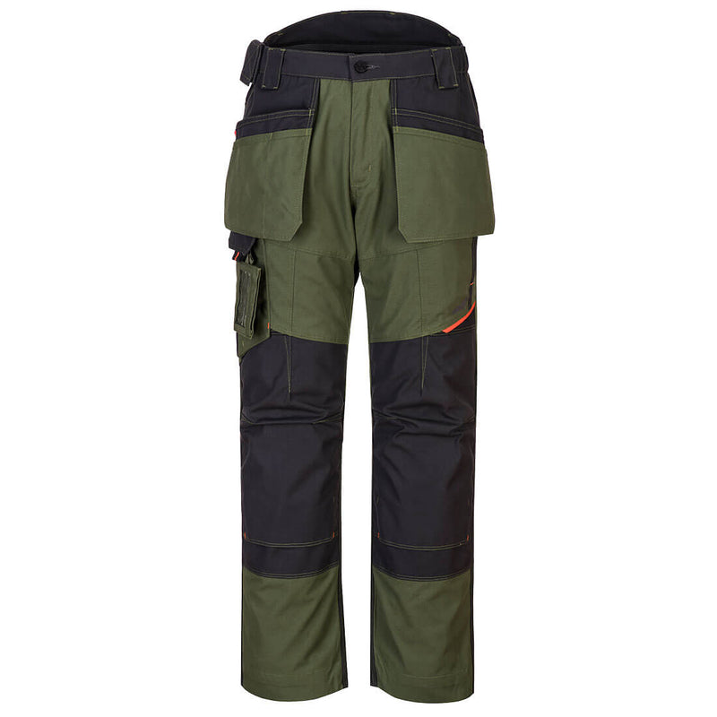 Rugged olive green Portwest WX3 holster trousers (T702) with black accents