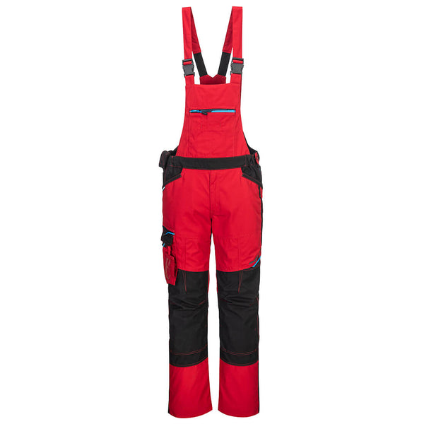 Model wearing the Portwest WX3 Bib and Brace (T704), showcasing its ergonomic fit.