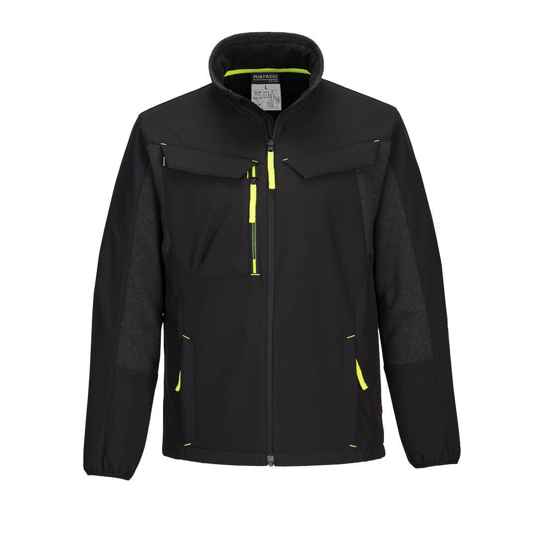 Portwest WX3 Eco Hybrid Softshell Jacket 2L in black.