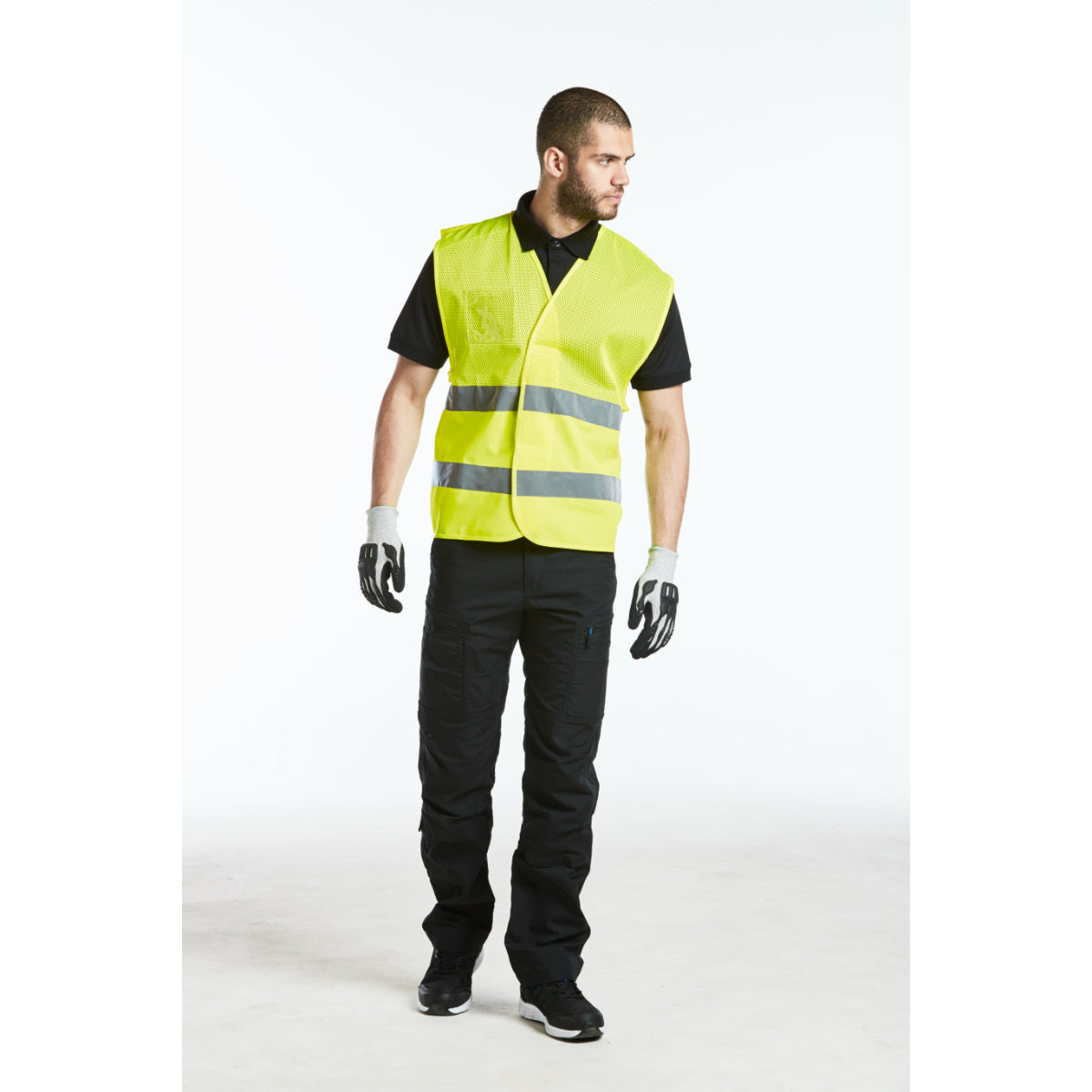 Industrial black jacket with grey accents – model front view
