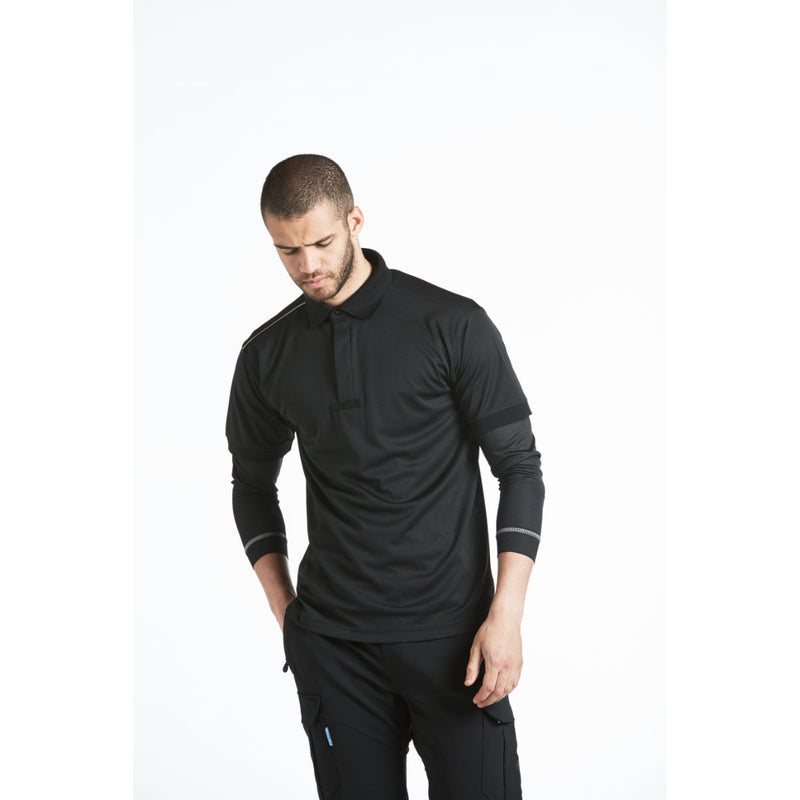 Side view of two-tone grey and black workwear – model wearing jacket and trousers
