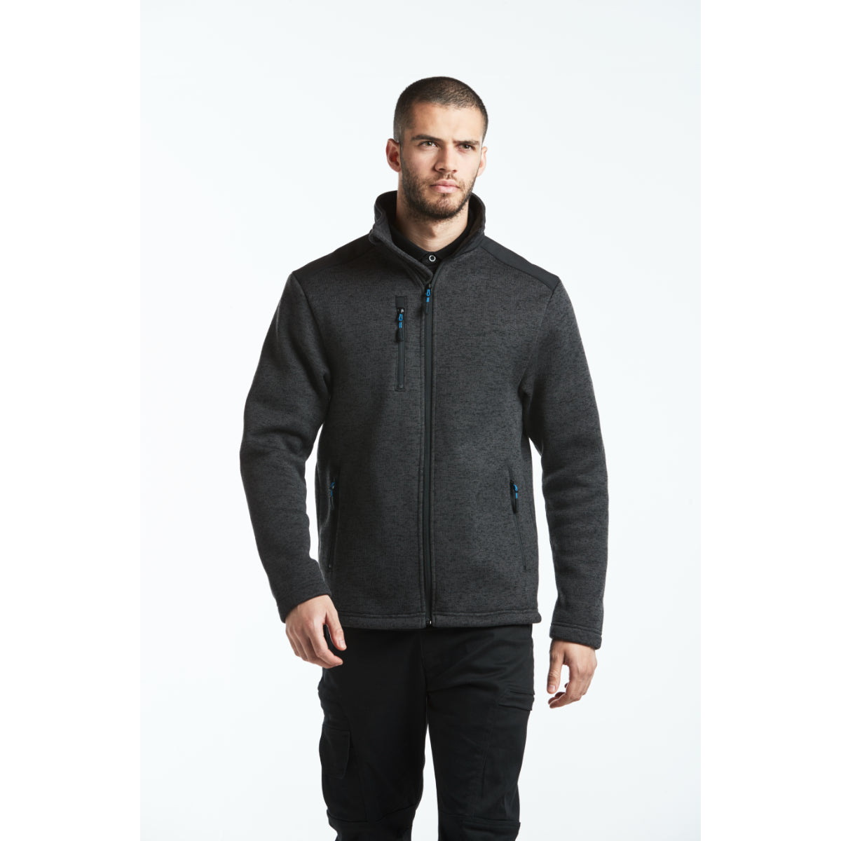 Black jacket with red zip highlights – full front pose on model