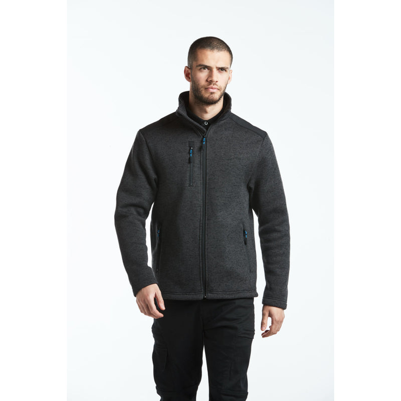 Black jacket with red zip highlights – full front pose on model