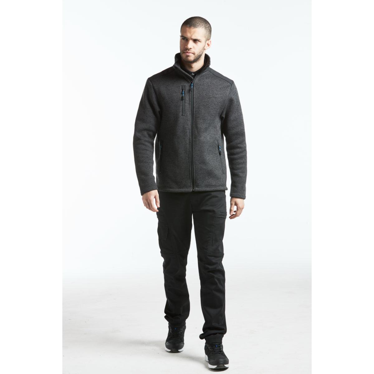 Model wearing T830 and T801 long-sleeve athletic shirt in dark gray