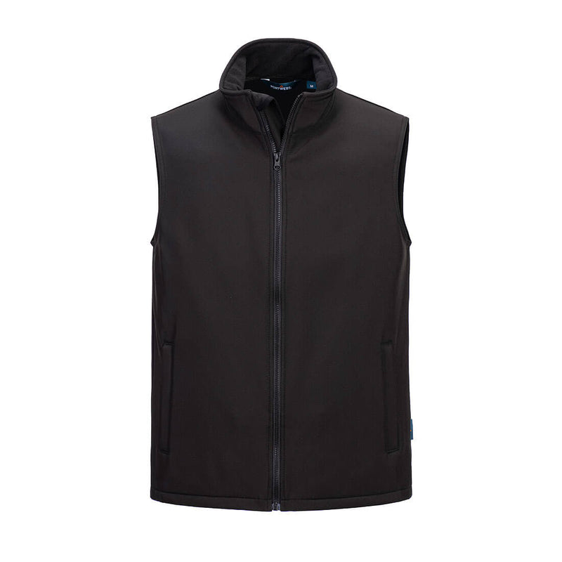 Black durable work jacket with reinforced shoulders and secure front zip