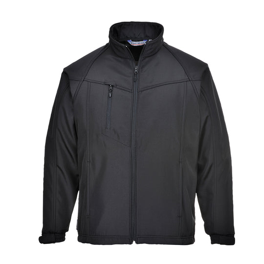 Black waterproof work jacket with storm flap and hood for protection