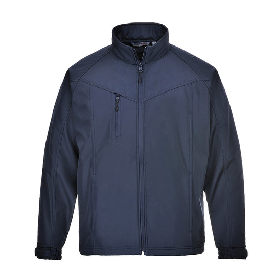 Navy softshell work jacket with full-length front zipper and zip chest pocket