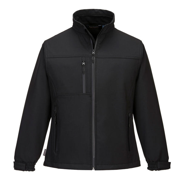 Black softshell work jacket with high collar, zip chest pocket and side zip hand pockets