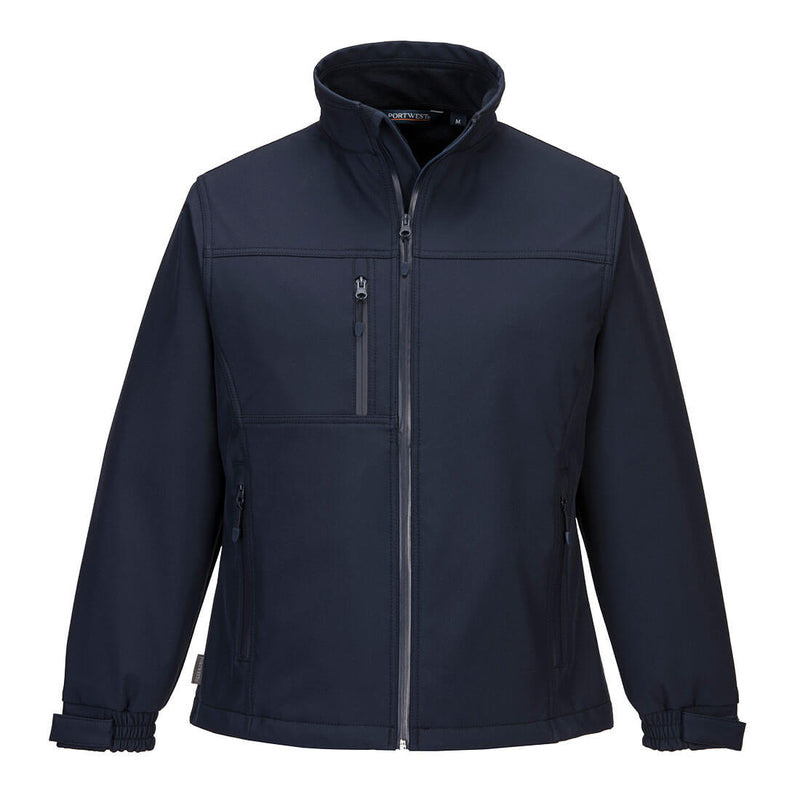 Navy softshell work jacket with high collar, zip chest pocket and side zip hand pockets