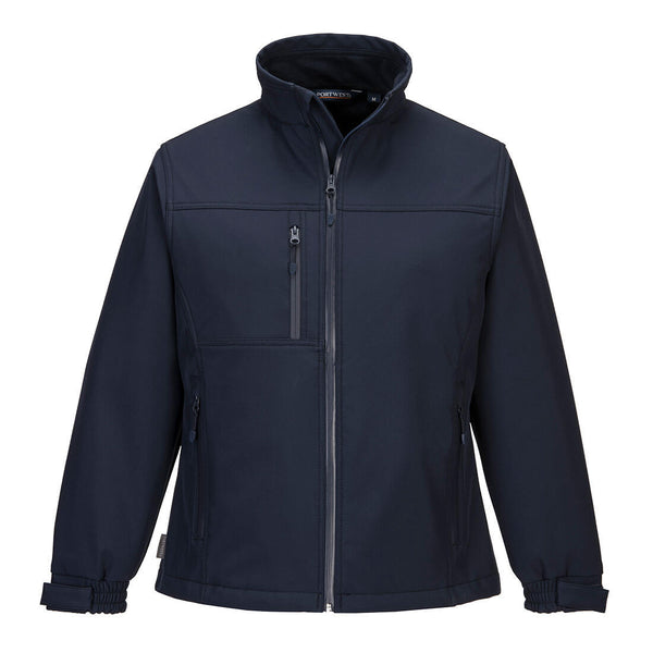 Navy softshell work jacket with high collar, zip chest pocket and side zip hand pockets