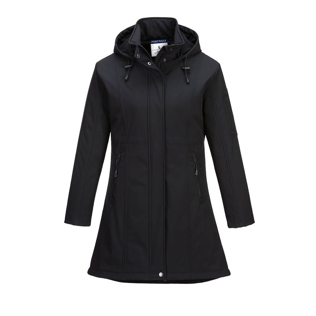 Black hooded parka with drawstring hood, storm flap and zip-side pockets
