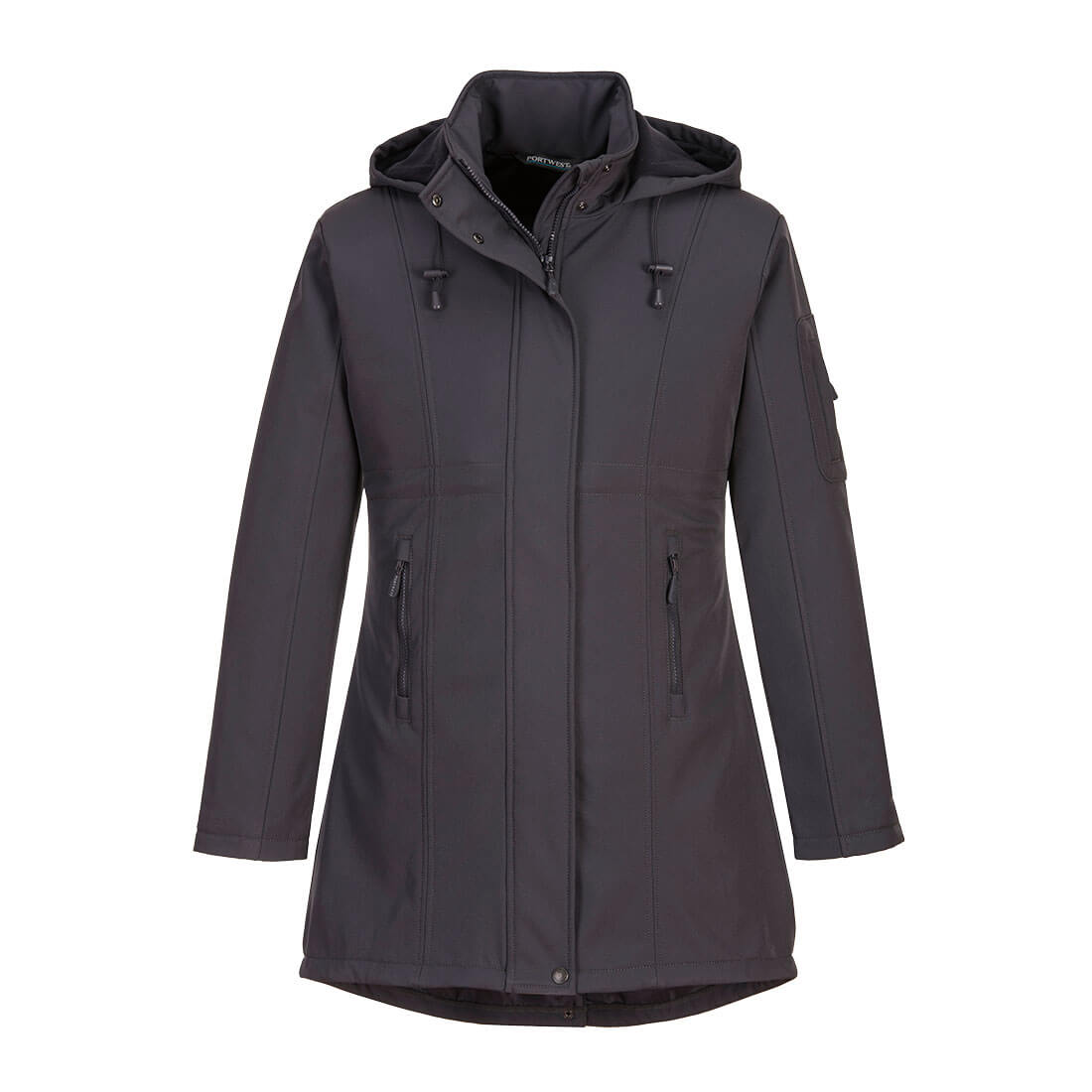 Charcoal-grey hooded parka with adjustable drawcord hood, storm flap and zip hand pockets