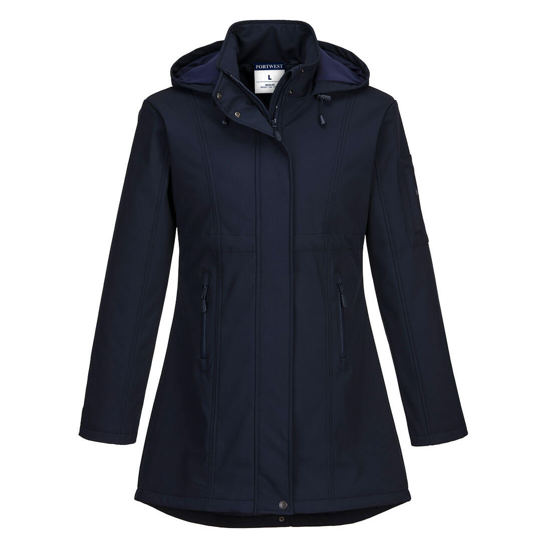Navy hooded parka with adjustable drawcord hood, storm flap and zip hand pockets