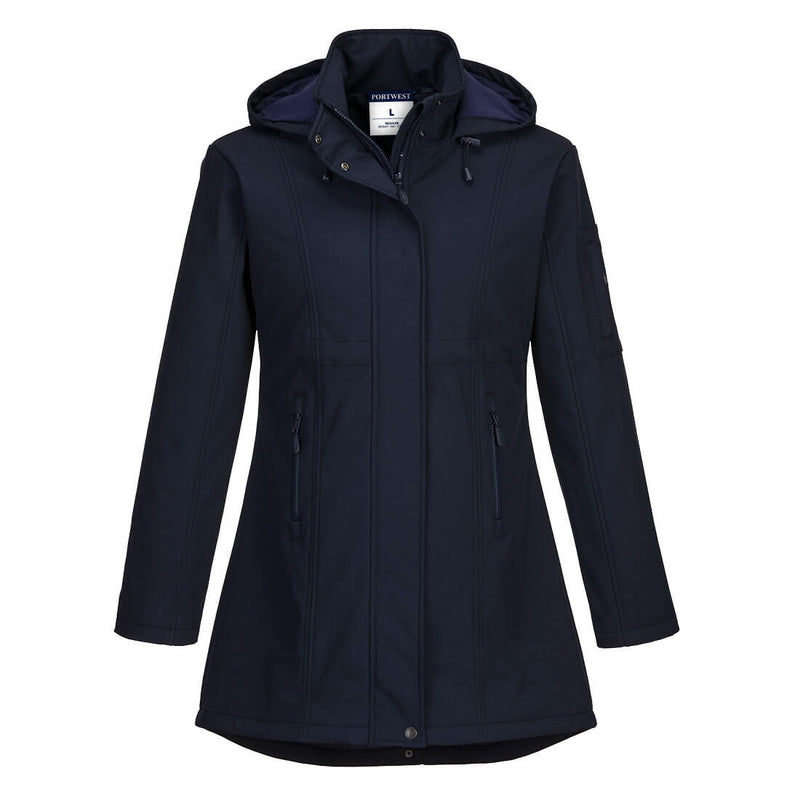 Navy hooded parka with adjustable drawcord hood, storm flap and zip hand pockets