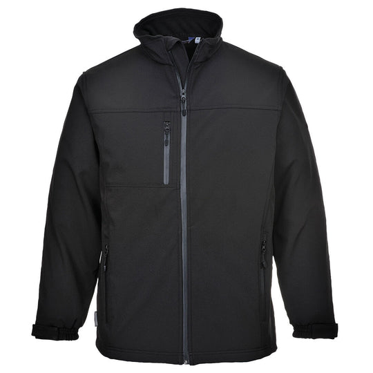 Black Portwest TK50 3L breathable softshell jacket with micro-polar fleece lining, waterproof zips and utility pockets portwest.
