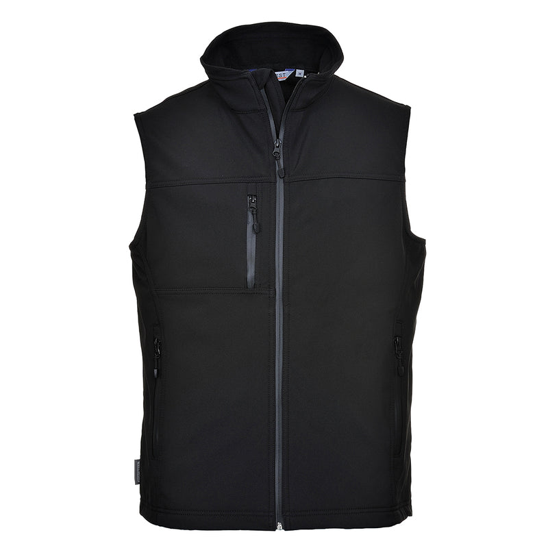 Black softshell bodywarmer vest with stand-up collar, zip chest pocket and zip side pockets