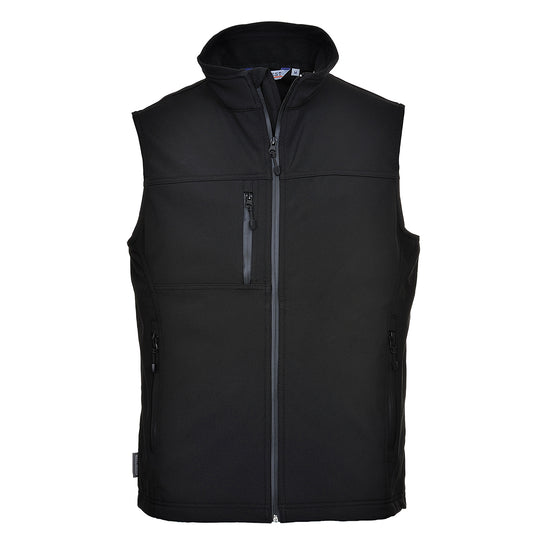 Black softshell bodywarmer vest with stand-up collar, zip chest pocket and zip side pockets