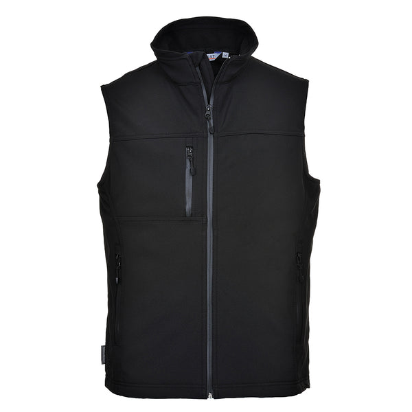 Black softshell bodywarmer vest with stand-up collar, zip chest pocket and zip side pockets