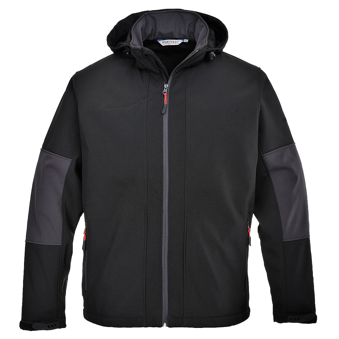 Portwest TK53 3L softshell hooded jacket in black with subtle contrast panels