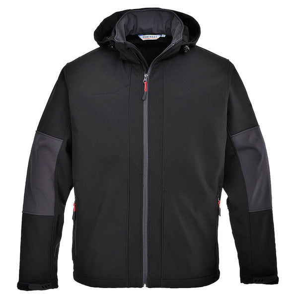 Portwest TK53 3L softshell hooded jacket in black with subtle contrast panels