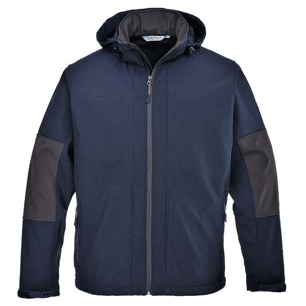 Portwest TK53 3L softshell hooded jacket in navy with subtle contrast panels