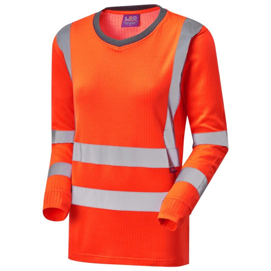Women's long-sleeve orange hi-vis T-shirt by Leo Workwear with reflective tape detailing