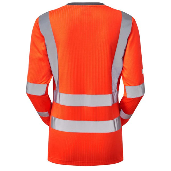 Orange hi-vis women's workwear top by Leo Workwear with long sleeves and reflective accents