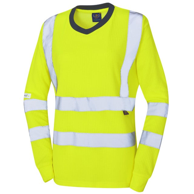 Women's yellow hi-vis long-sleeve top by Leo Workwear with breathable fabric and reflective tape