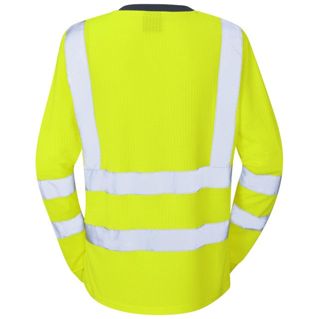 Leo Workwear hi-vis women's yellow long-sleeve tee featuring contrast tape and lightweight fit