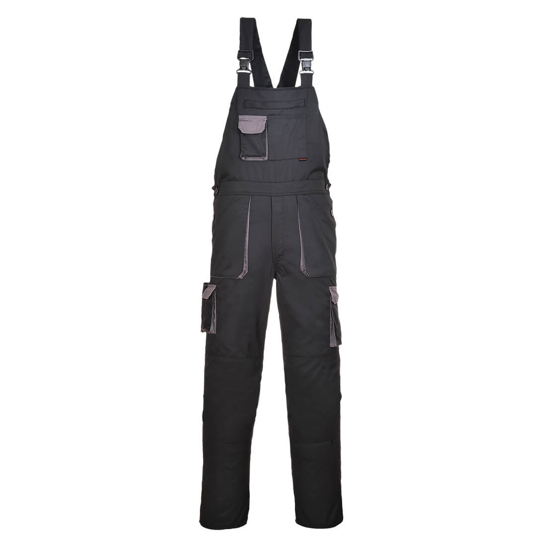 Portwest Texo Contrast Bib and Brace (TX12) in black with practical tool pockets.