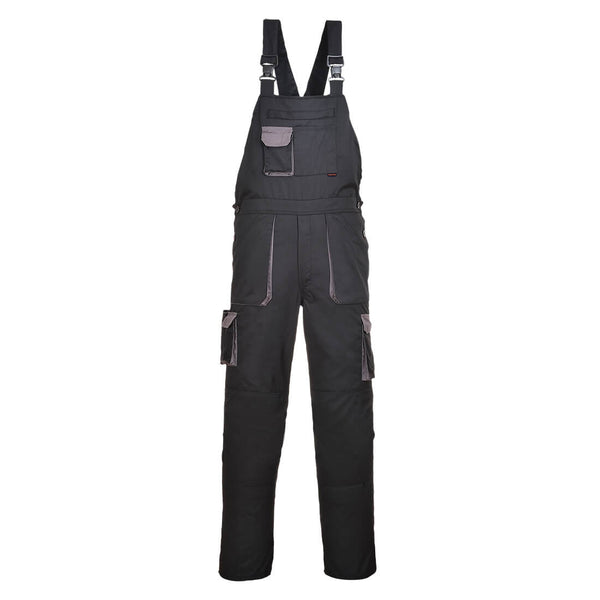 Portwest Texo Contrast Bib and Brace (TX12) in black with practical tool pockets.