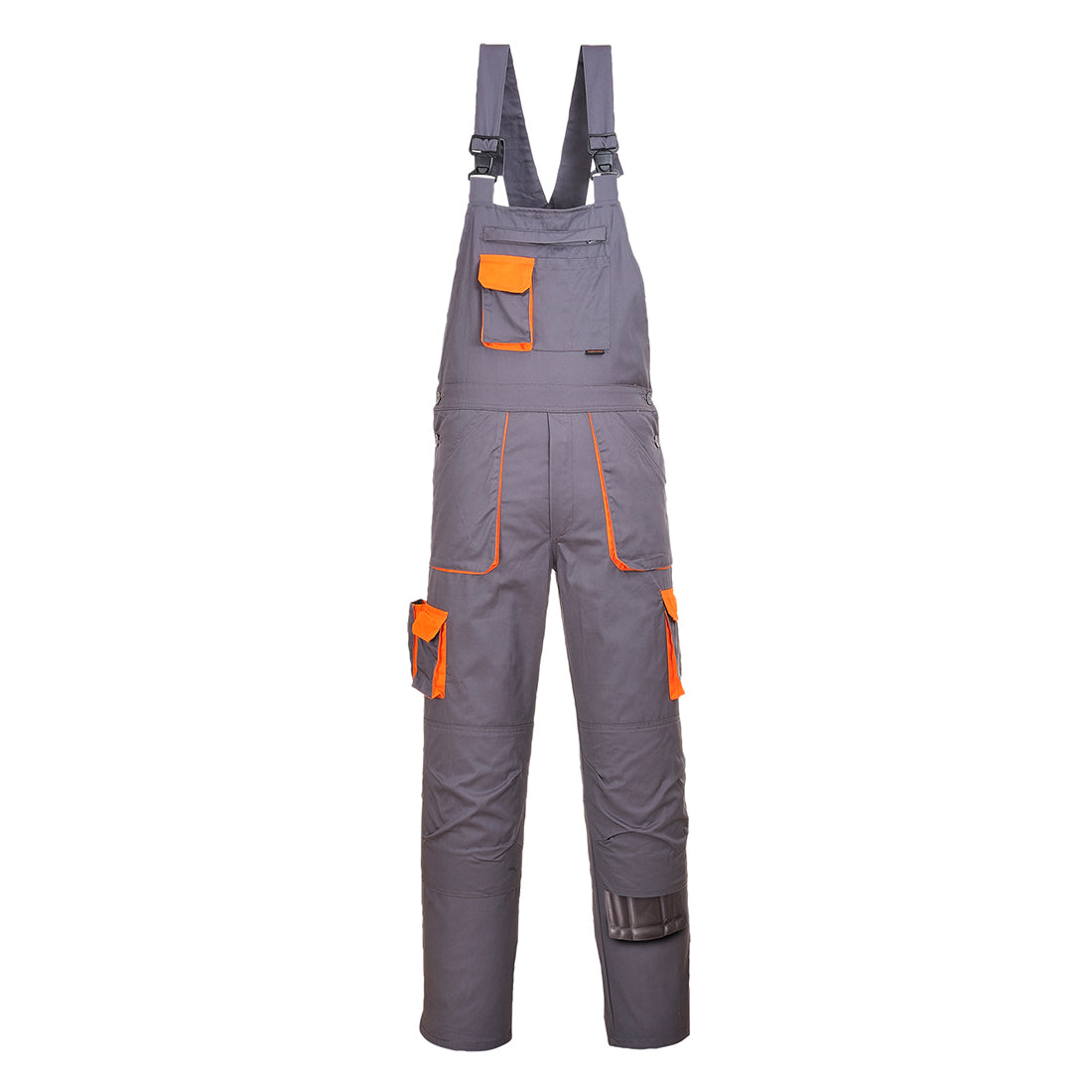 Portwest Texo Contrast Bib and Brace (TX12) in Orange with Grey contrast detailing.