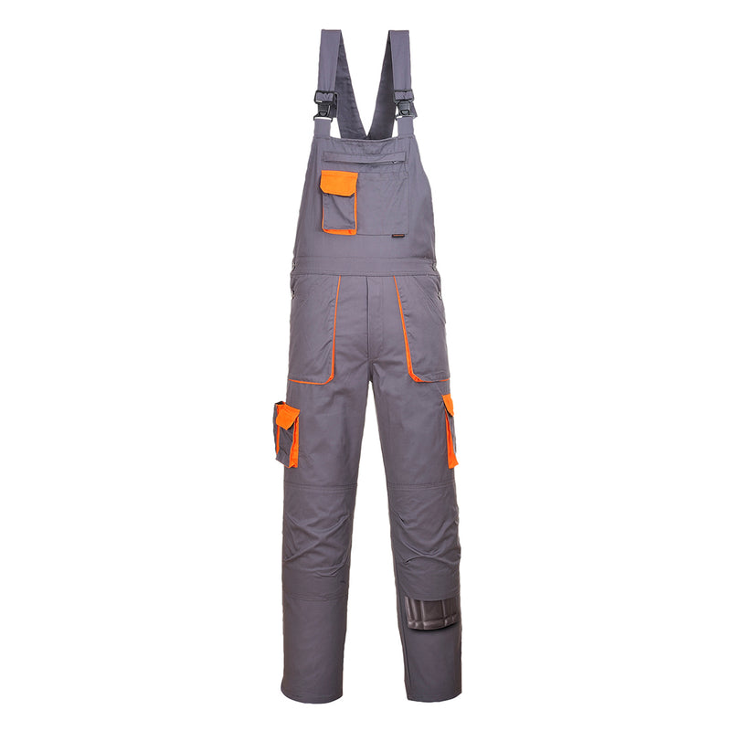 Portwest Texo Contrast Bib and Brace (TX12) in Orange with Grey contrast detailing.