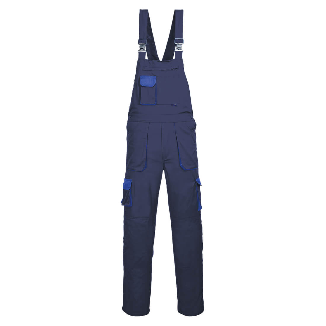 Portwest Texo Contrast Bib and Brace (TX12) in navy, featuring multiple utility pockets.