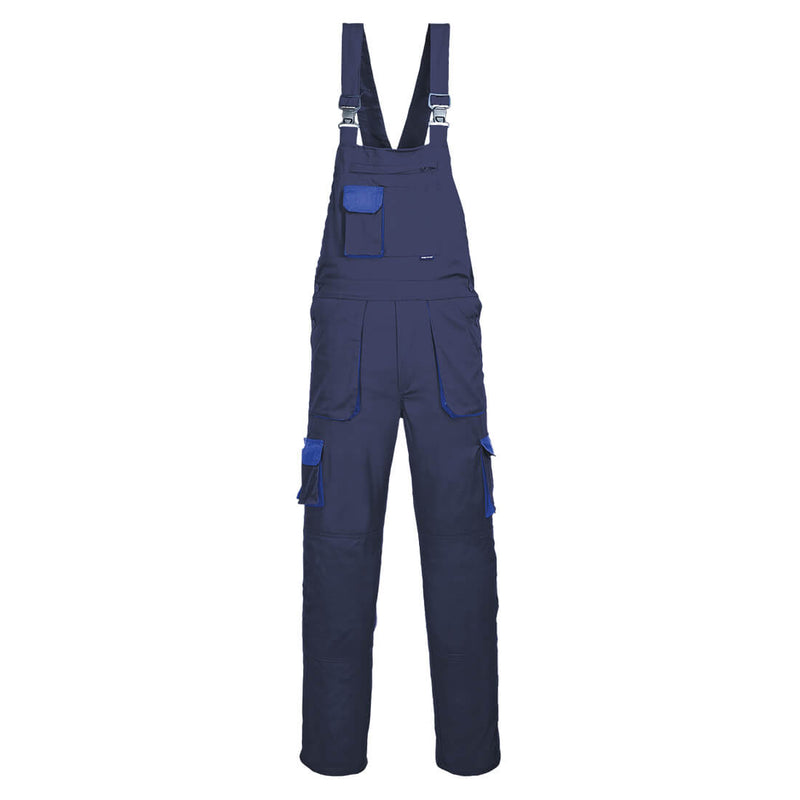 Portwest Texo Contrast Bib and Brace (TX12) in navy, featuring multiple utility pockets.