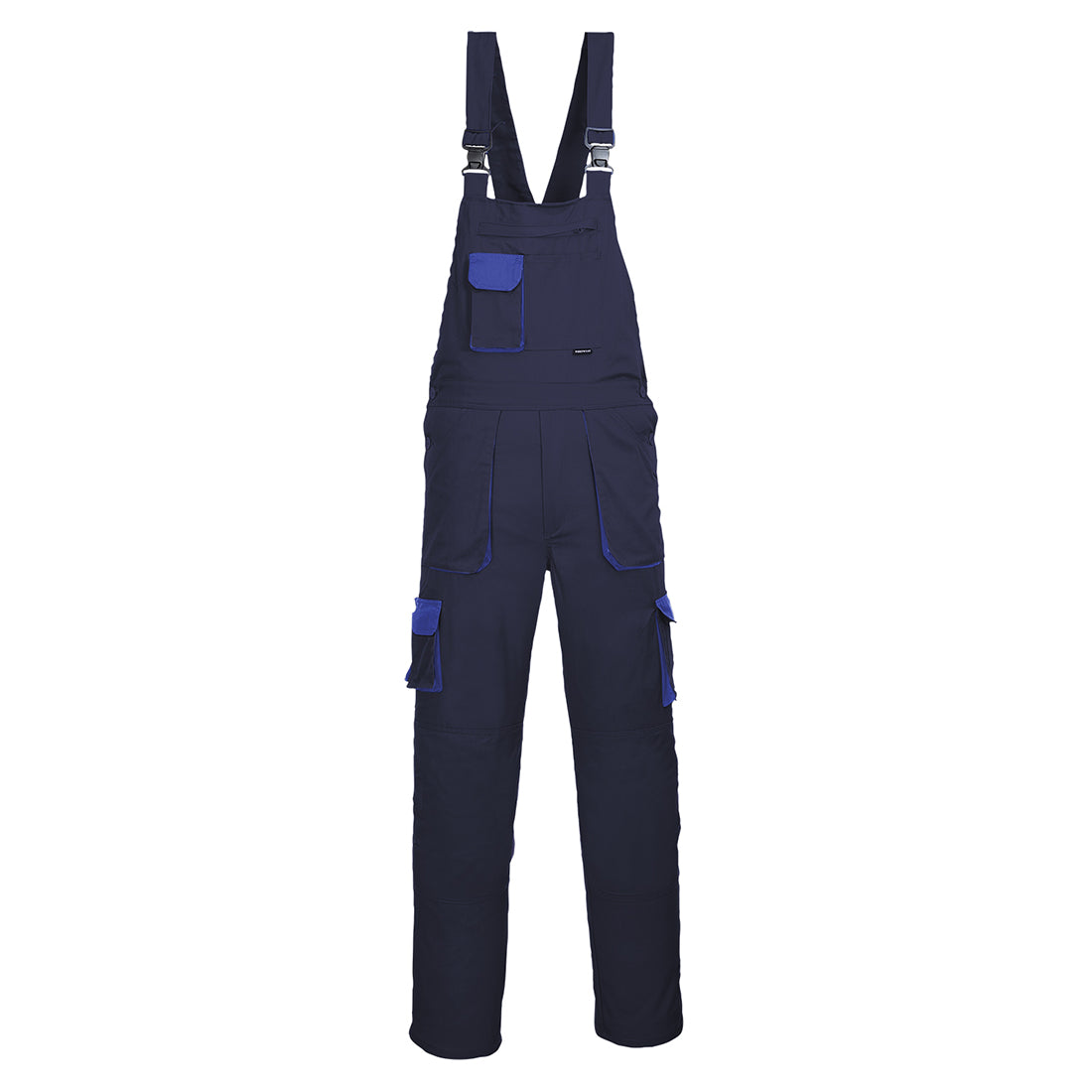 Portwest Dijon Hi-Vis Contrast Work Bib and Brace (TX52) in Blue and navy for safety.