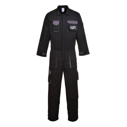 Portwest TX15 Texo Contrast Coverall in black with red contrast panels, knee pad pockets, and elasticated cuff adjustments