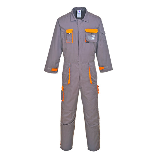 Portwest TX15 Texo Contrast Coverall in gray with red contrast panels, 14-pocket storage, and concealed two-way zip