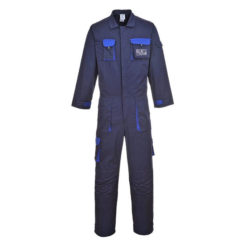 Portwest TX15 Texo Contrast Coverall in navy with red contrast panels, detachable ID pocket, and elasticated back waist