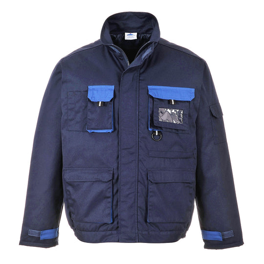 Portwest TX18 Texo Contrast Jacket (Lined) in navy with orange contrast panels, fully insulated lining, and hook-and-loop cuff adjustments portwest
