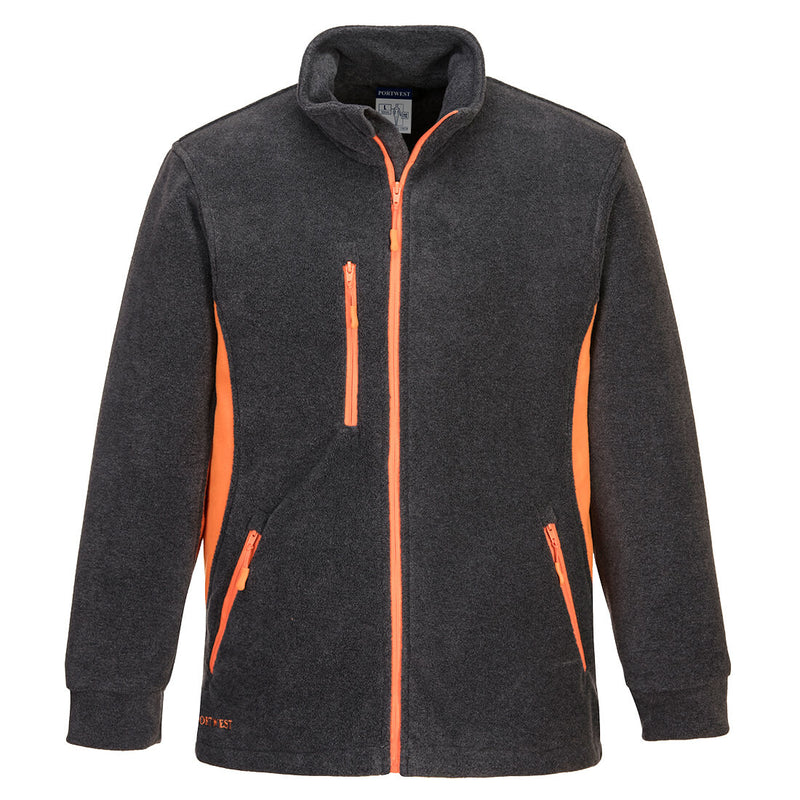 Heavy two-tone polar fleece jacket in gray and red with anti-pill finish and zip pockets
